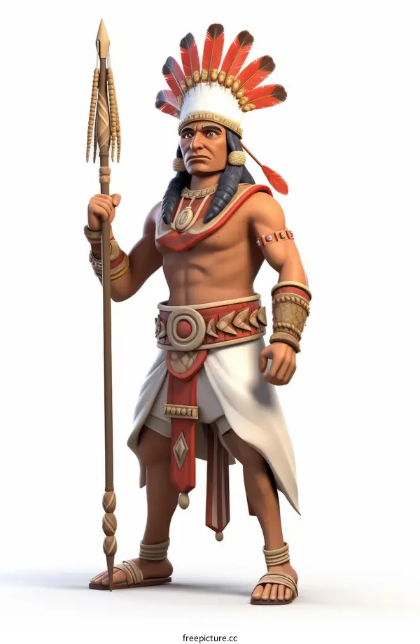 An Aztec warrior dressed in traditional garb and holding a spear