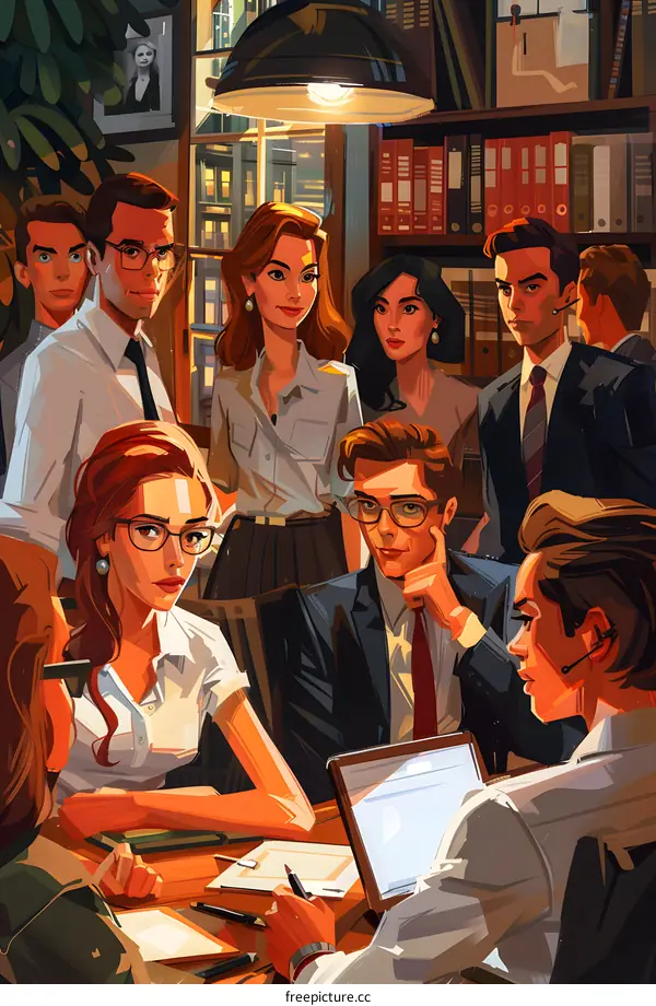 Illustration of diverse business professionals in a modern office space