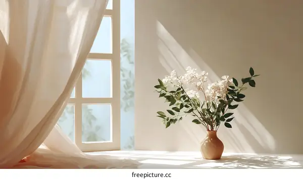 Sunlight Streaming Through Sheer Curtains with a Vase of Flowers