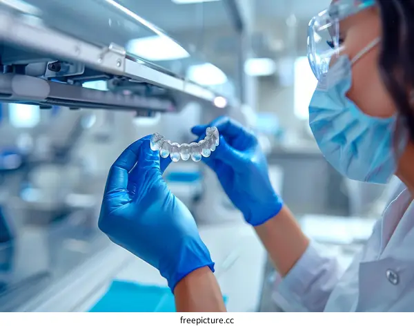 Female dentist examining a set of dentures