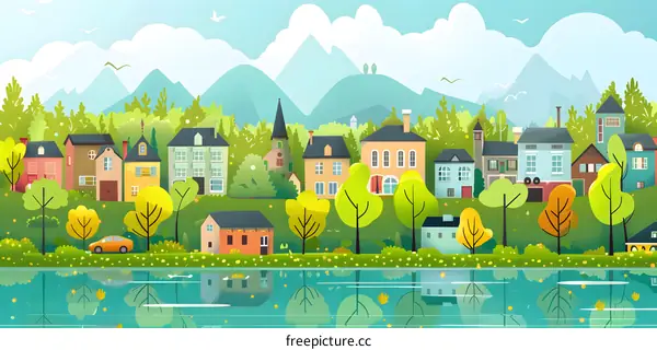 Small Town Landscape with Mountains and Lake