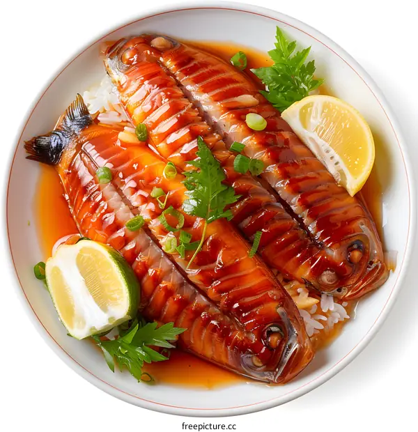 A plate of grilled fish with lemon and herbs