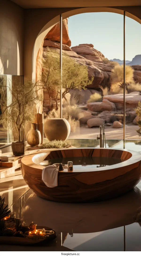 Luxury bathroom with a stunning view of the desert landscape
