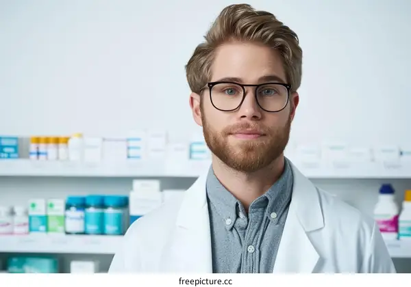 Portrait of a male pharmacist wearing glasses and a lab coat standing in a pharmacy