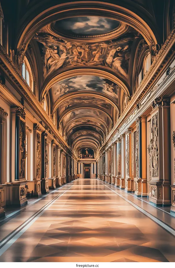 Golden Hallway with Ornate Ceiling in Historic Building