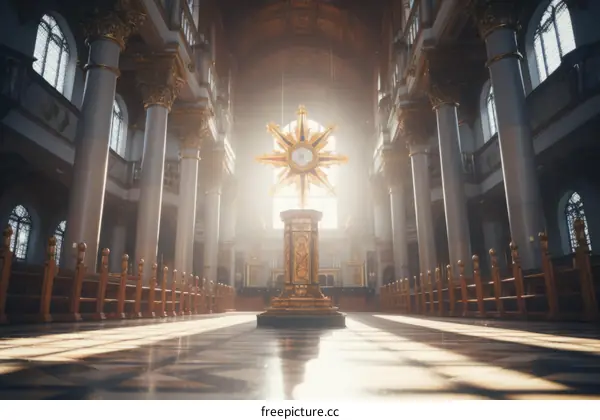 Ornate church interior with glowing altar