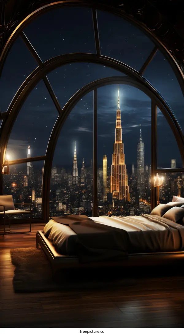 A bedroom with a view of the Burj Khalifa