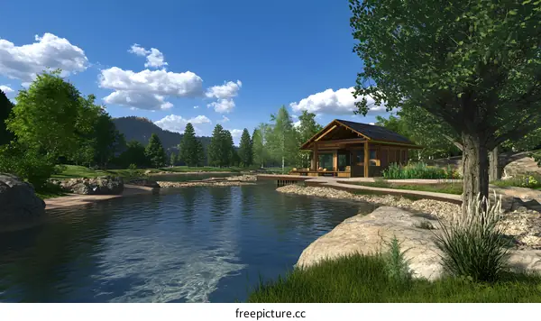 Wooden Cabin by the Lake with Green Trees and Blue Sky
