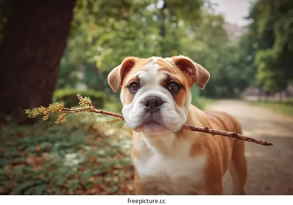 Adorable Bulldog Puppy with a Branch in Park