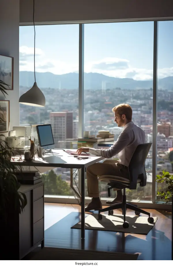 Young male professional working at his desk in a modern office with a city view