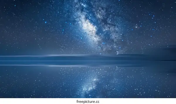 Night sky with stars and clouds reflecting in calm water