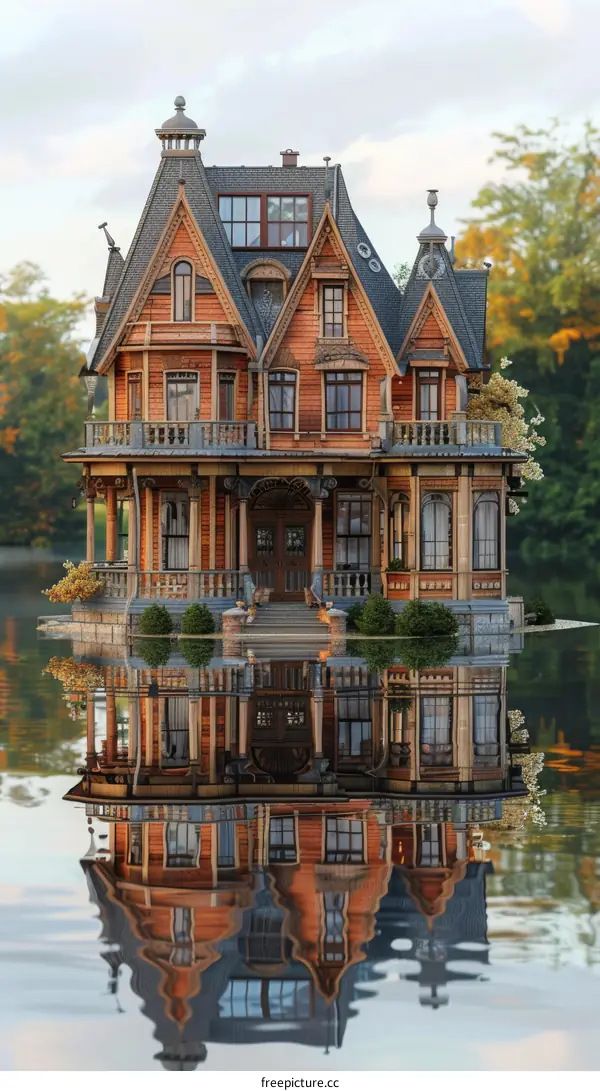 A beautiful lakeside house with a reflection in the water