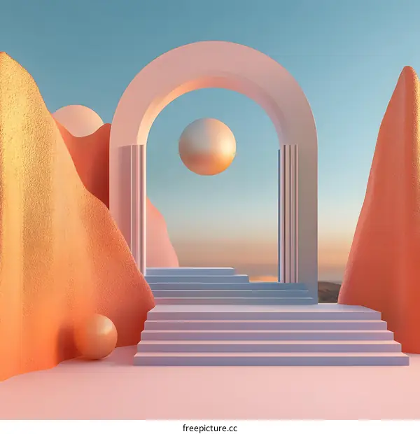 Abstract 3D Minimalist Arch with Pink Steps and a Golden Sphere
