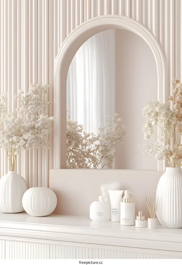 Minimalist White Interior Design With Arch and Dried Flowers