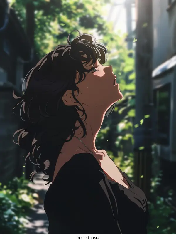 An anime girl with long black hair standing in a forest looking up at the sky