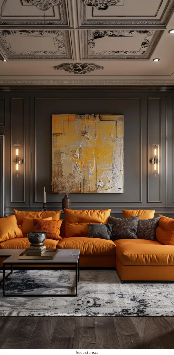 Modern Minimalist Living Room with Stylish Sofa and Artistic Chandelier