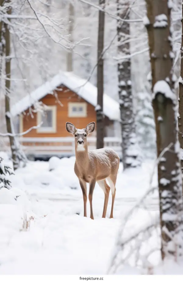 A solitariness deer stands in the snowy forest