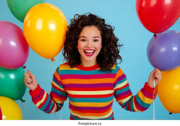 Happy Woman Holding Colorful Balloons