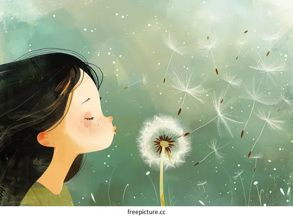 Little girl blowing dandelion seeds