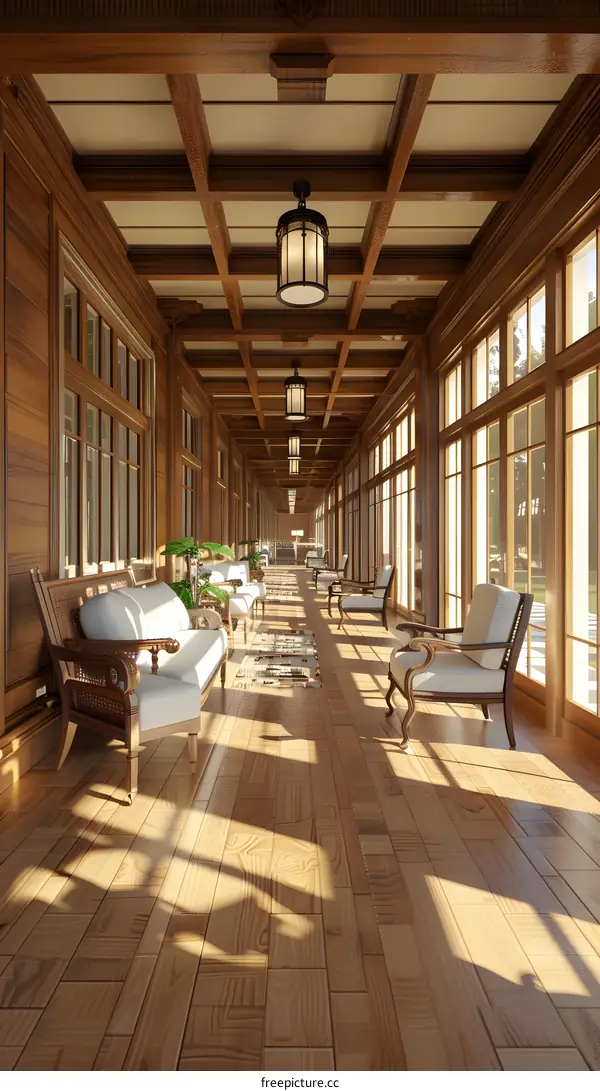 Long Wooden Hallway with Windows and Chairs
