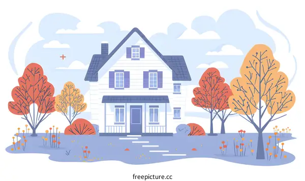 Autumn House Illustration With Trees