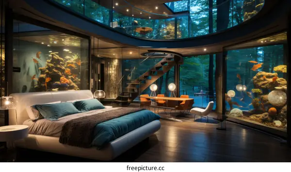futuristic bedroom interior design with glass walls and an aquarium