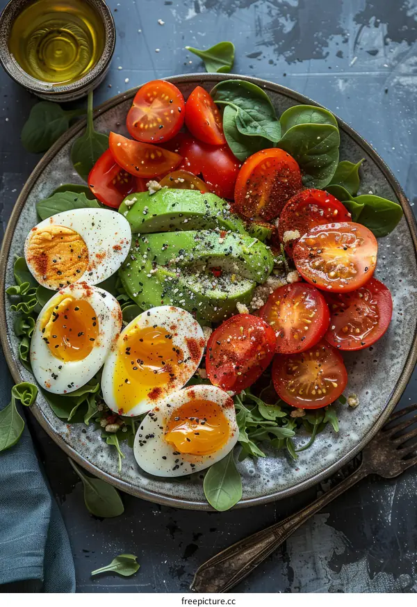 Healthy and tasty salad with avocado, tomato and egg