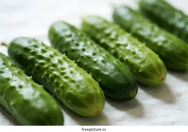 Fresh green cucumbers arranged on white surface