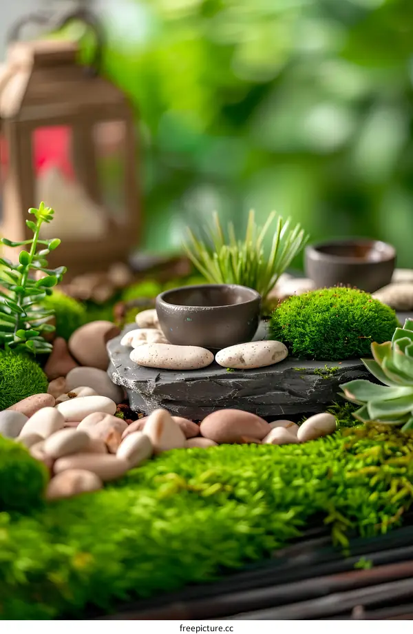 Closeup of Zen Garden Miniature With Stones, Moss and Plants
