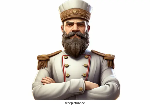 An illustration of a man in a white military uniform with gold epaulettes and a white hat with a red band