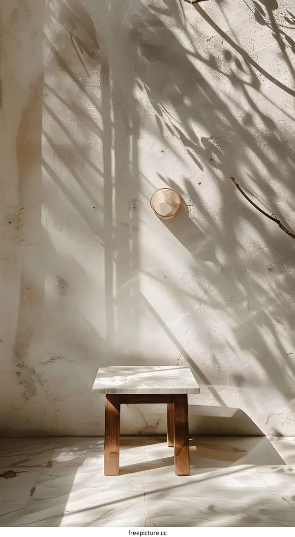 Minimalist White and Wood Table with Light and Shadows