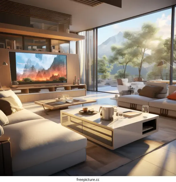 Modern living room interior design with large windows and mountain views