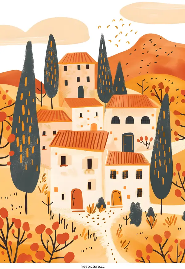 Autumn Village Illustration with Brown Houses and Orange Leaves
