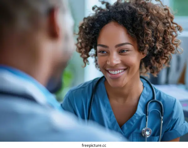 Smiling African American Female Nurse Talking to Colleague