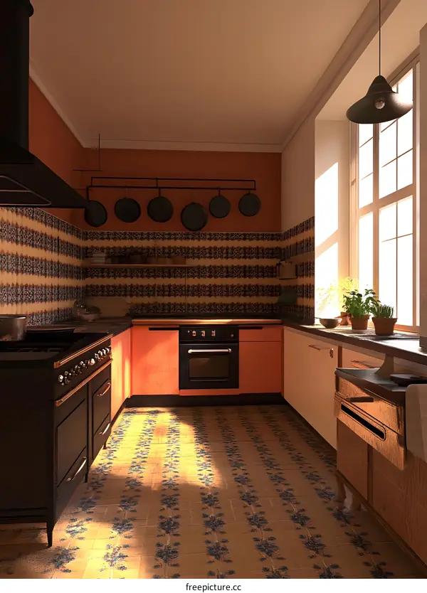 Kitchen Interior Design with Orange Cabinets and Tile Floor