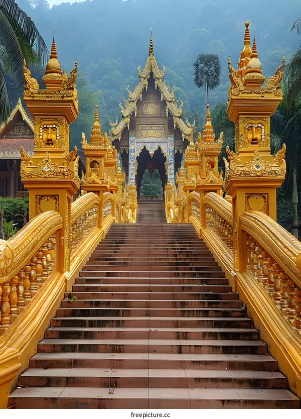 ornate golden staircase leading to an ornate temple