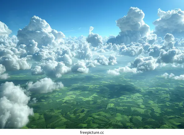 Serene Blue Sky and Fluffy White Clouds over Lush Green Pastures