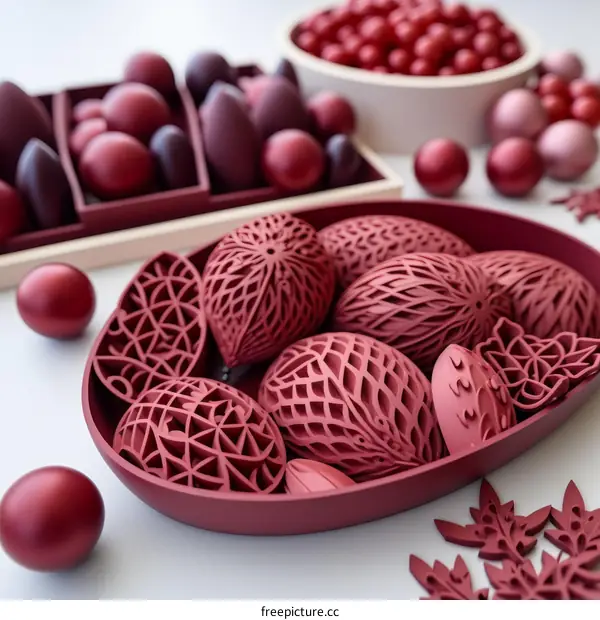3D Printed Red and Pink Objects on a White Table