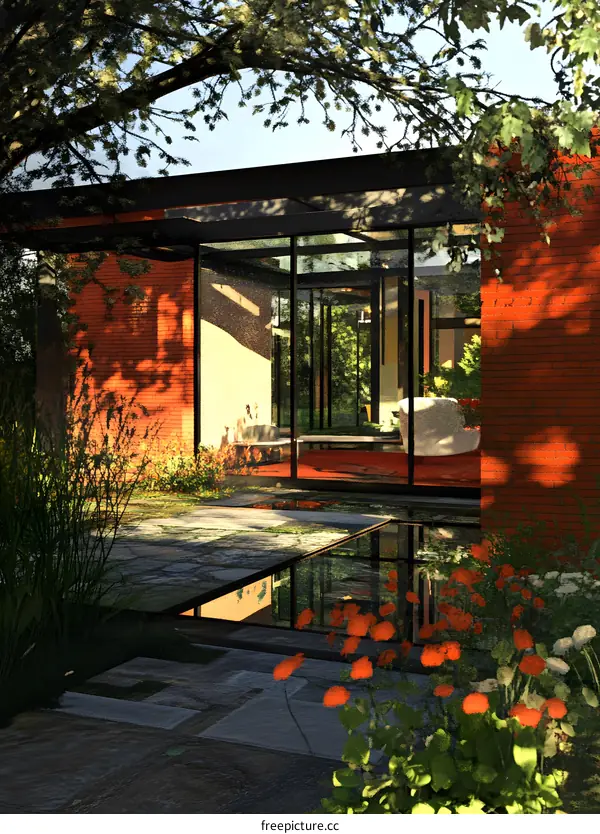 Modern House Exterior with Red Brick Wall and Glass Doors