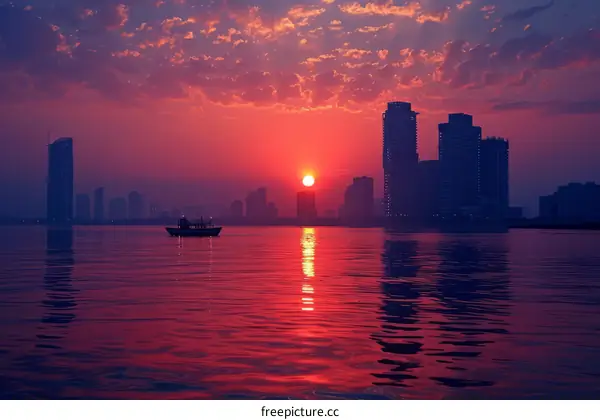 Sunset over the city with a boat on the river