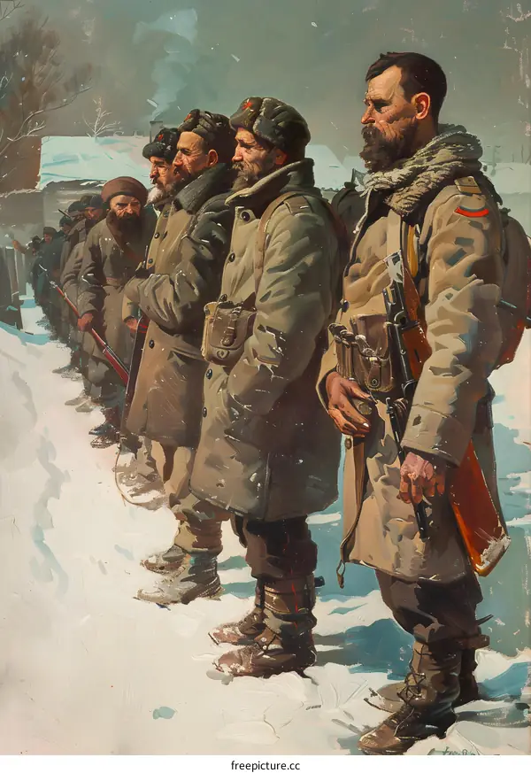 Five Soviet soldiers in winter gear during World War II