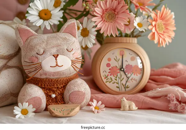 Cute Plush Cat Toy With Floral Clock and Flowers
