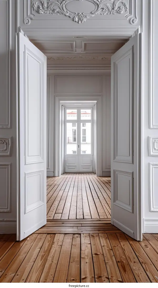ornate interior of an empty room with white walls and doors