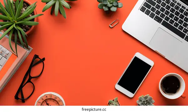 Orange Desk Flat Lay With Plants and Coffee