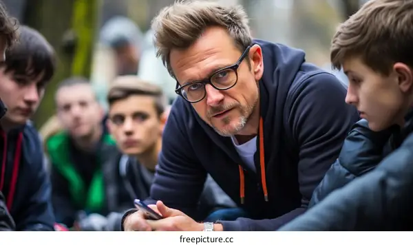 Male coach talking to a group of young boys