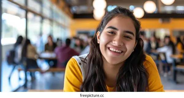 Portrait of a smiling Hispanic teenage girl in a yellow shirt