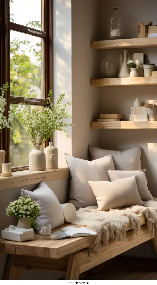 A cozy living space with a window seat, pillows, and flowers