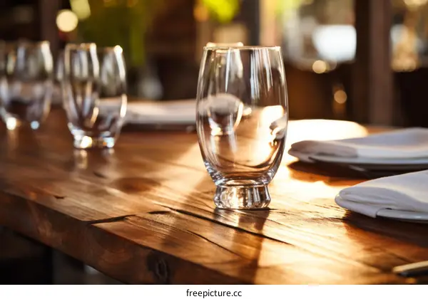 An empty glass on a wooden table in a restaurant