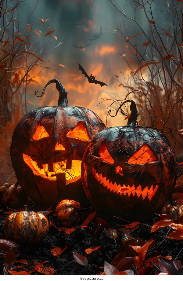 Two Halloween pumpkins in a spooky forest