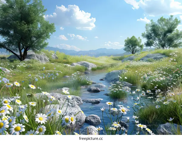 Small River Flowing Through a Picturesque Green Field